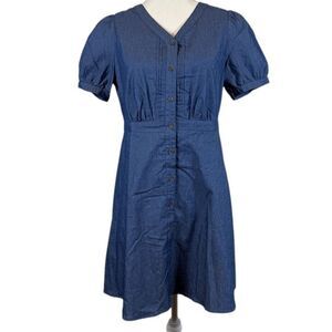 Allegra K Chambray Mini Dress Short Puff Sleeve Pintucks Button Front Size Small